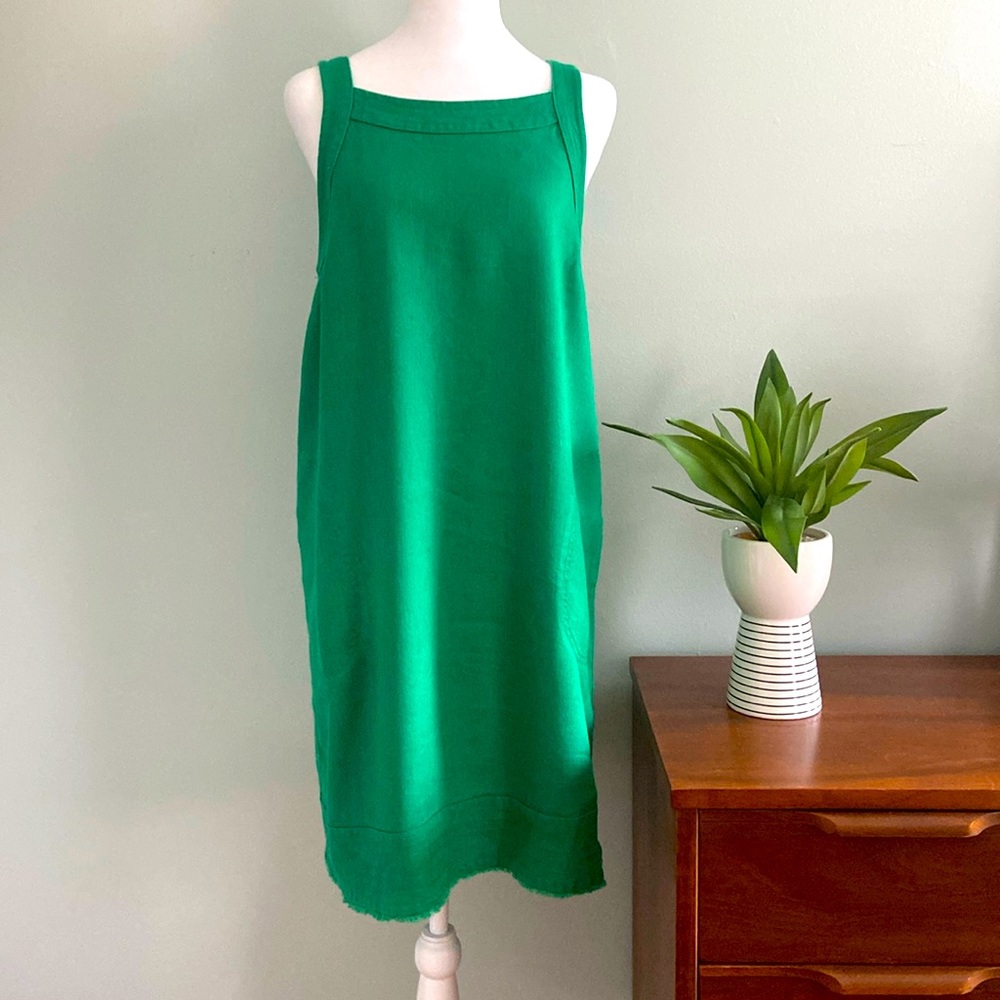 Anthropologie Green Linen Shift Dress Button Side Detail Open Back EUC S…